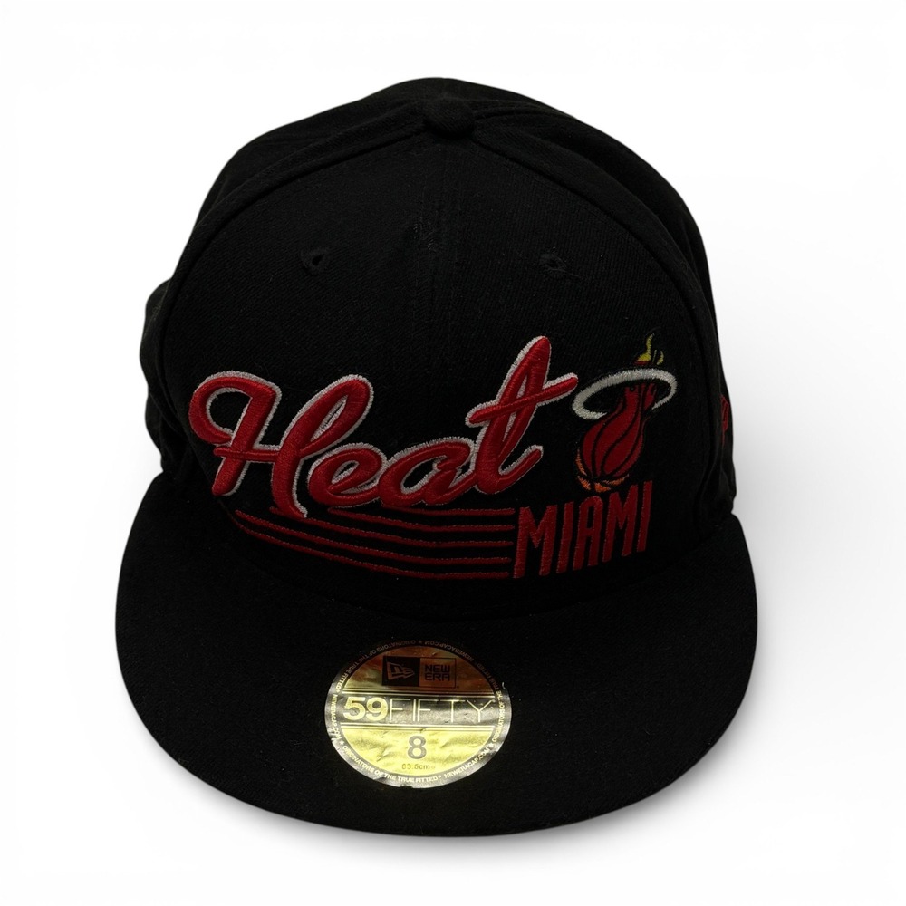 New Era 59FIFTY Miami Heat Hat Black Hardwood Classics Fitted Size 8 Green Brim